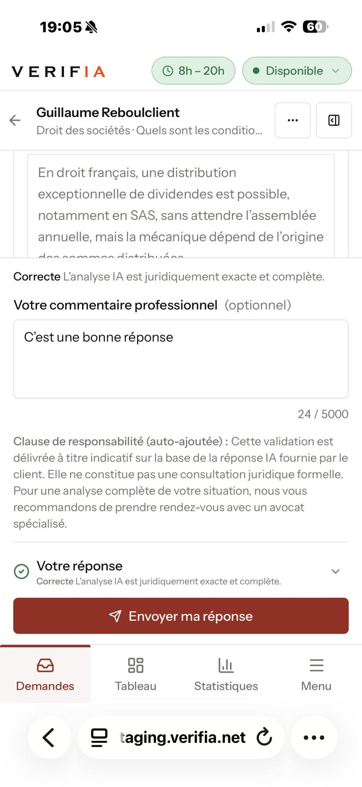 Ancienne clause de responsabilité affichée dans la réponse avocat