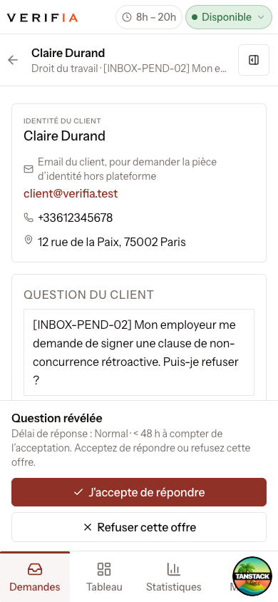 Délai de réponse rappelé dans la barre d’acceptation de l’avocat