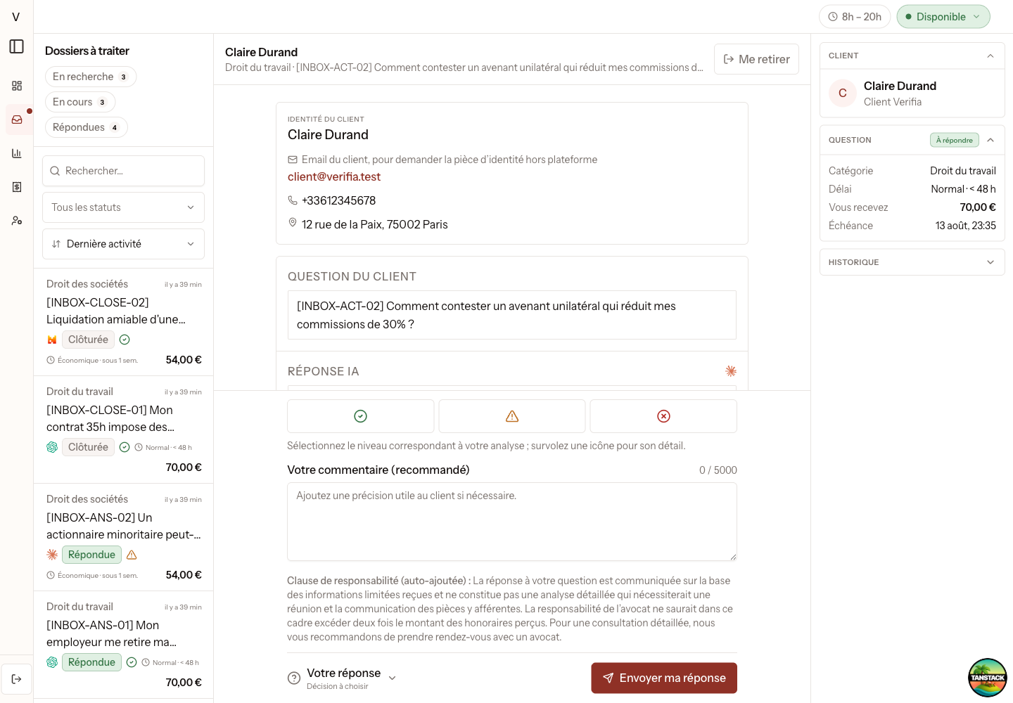 Nouvelle clause complète visible dans le formulaire de réponse avocat sur desktop