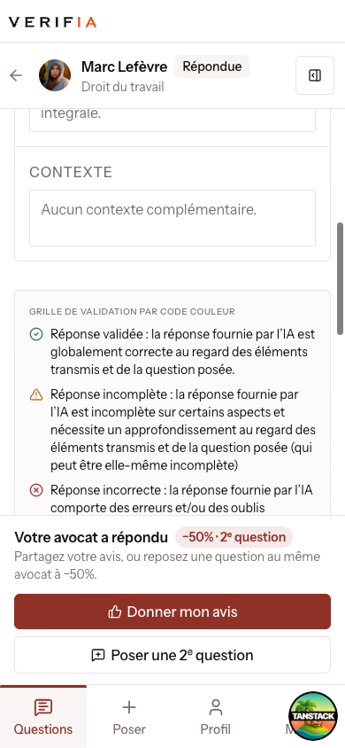 Nouvelle grille de validation par code couleur affichée dans une question répondue