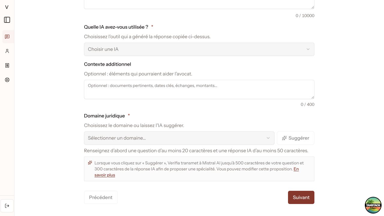 Mention Mistral affichée sous la suggestion de domaine juridique