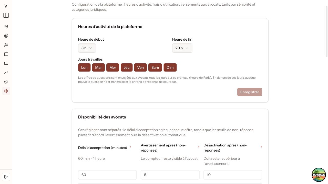 Paramètres administrateur restaurés à 60 minutes, avertissement 5 et désactivation 10